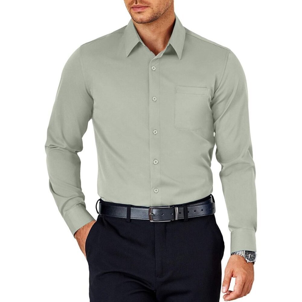 Light Green Mens Dress Long Sleeve Button Down Wrinkle Free Shirt with Pocket
